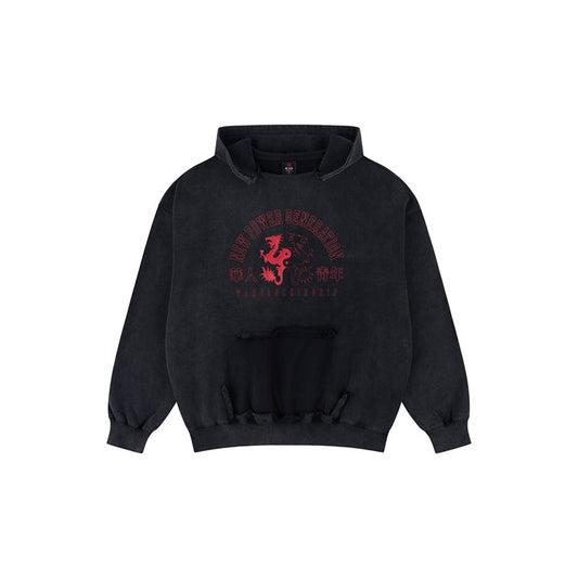 WAH YAN CHING NIN Dragon Print Distressed Washed Hoodie