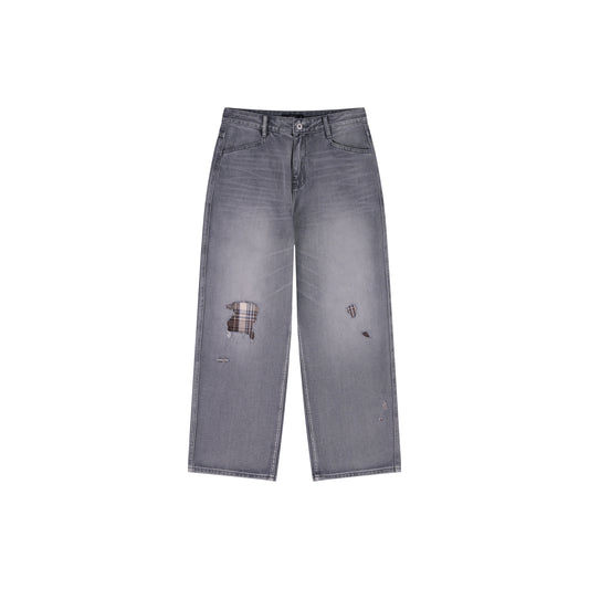 WAH YAN CHING NIN Tennis Dragon Distressed Patch Grey Jeans