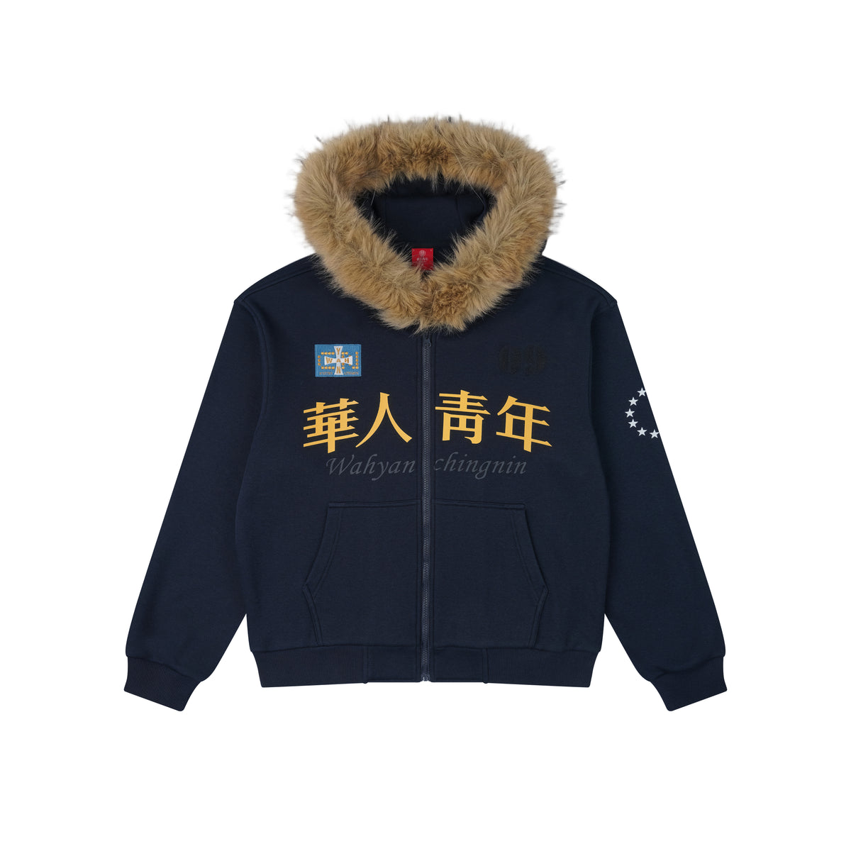 WAH YAN CHING NIN Fur-collar Badge Embroidered Zip-up Hoodie