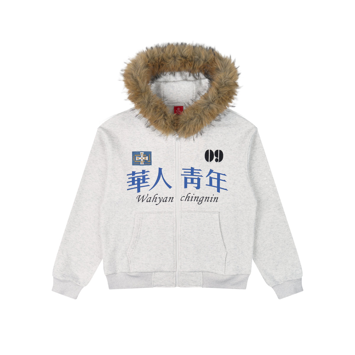 WAH YAN CHING NIN Fur-collar Badge Embroidered Zip-up Hoodie